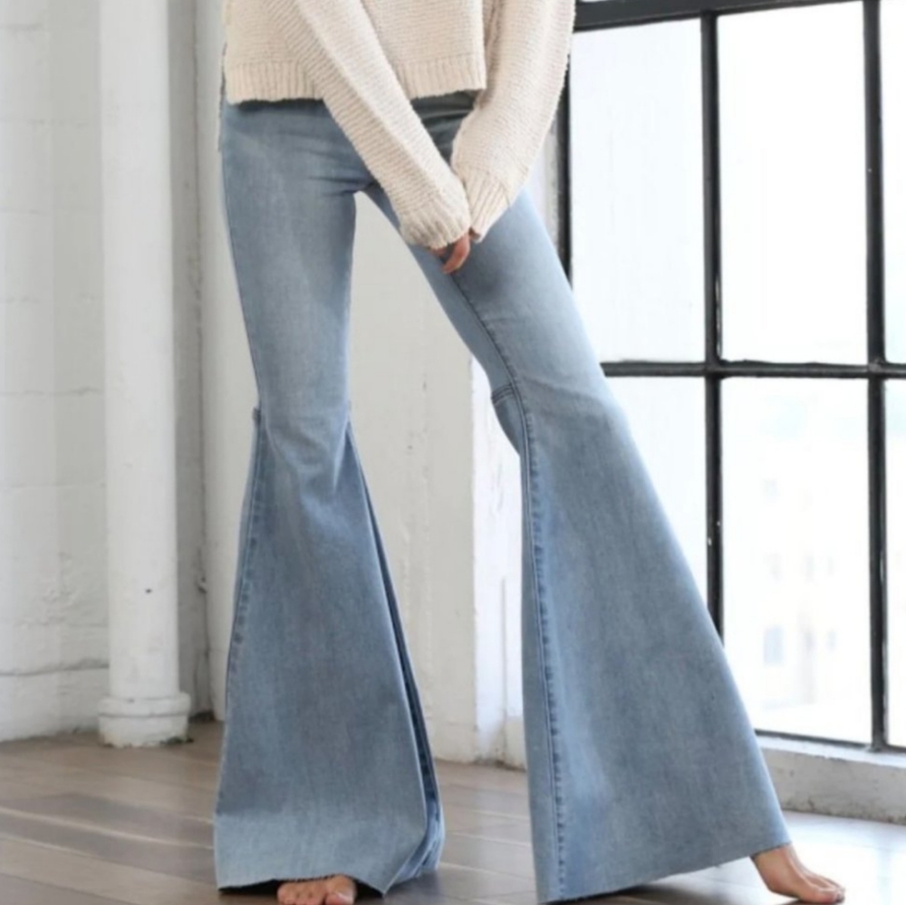 By Together High Rise Extra Flare Jeans Women's L Blue Raw Hem Boho Retro 90s